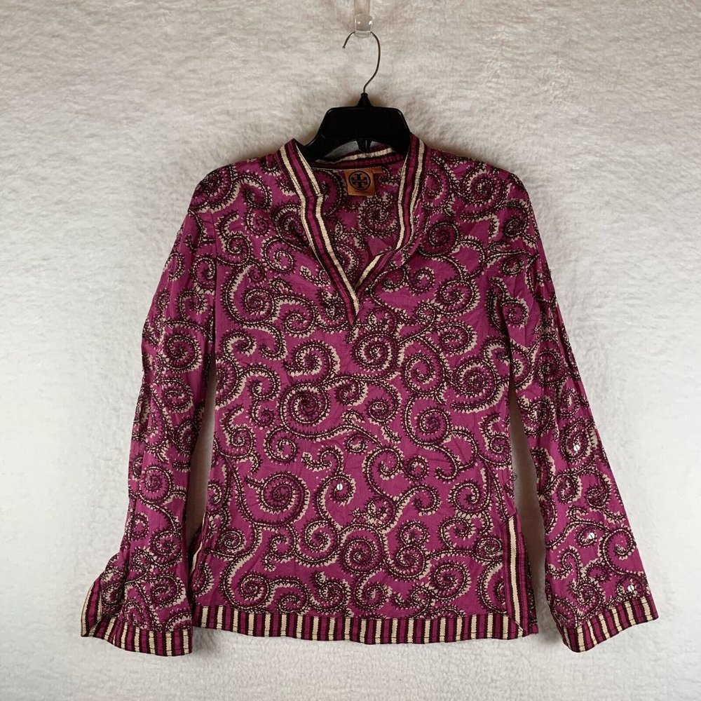 Tory Burch Blouse Women's Size 4 Magenta Cotton Paisley V-Neck Long Sleeve 6570‎
